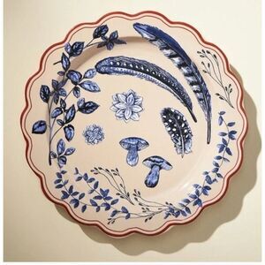 Anthropologie Elin Dessert Plate Scalloped Edge Taupe Mushroom & Feather Design